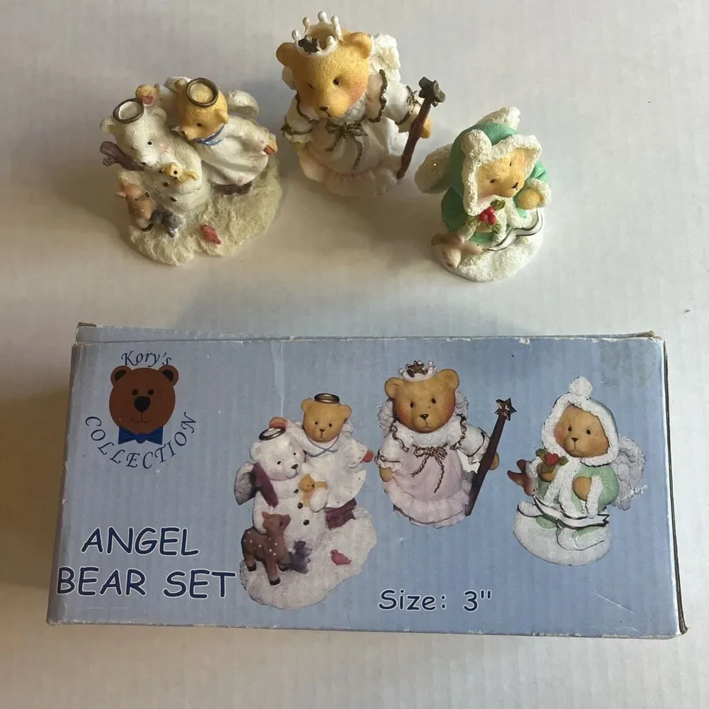 Vintage Christmas Angel Bears Figurines White Green Resin Set Of 3 Boxed 3 Inch